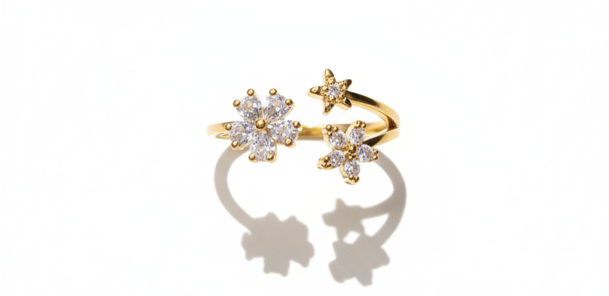 Triple Flower Ring with Zirconia – 18K Gold-Plated Adjustable