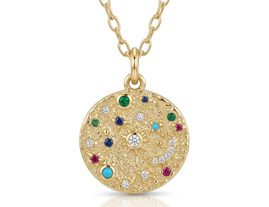 Circle & Star Necklace with Zirconia-Gold plated 18k.