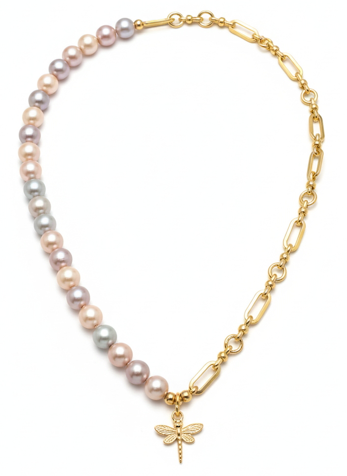 Fresh Water Pearl Necklace with Half Chain & Dragonfly Pendant-18K Gold Plated