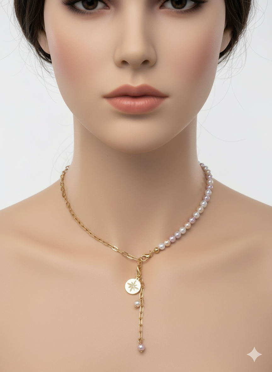 Rose Water Fresh Pearls & Half chain Necklace – 18K Gold-Plated