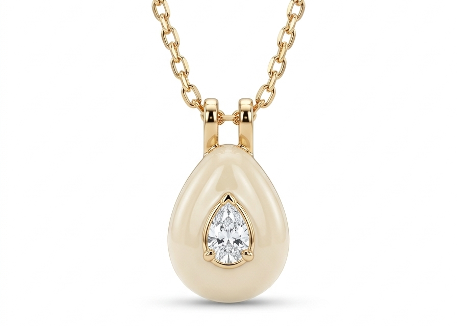 Pink Oval Acrylic Necklace with Zirconia-Gold plated 18k