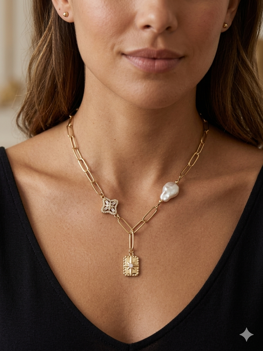 Pearl  & Star Necklace with Zircons | 18K Gold Plated