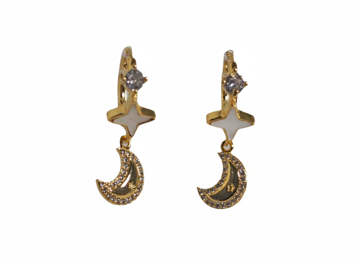 18k Gold Plated Star Noon and Zircon Huggie Earrings