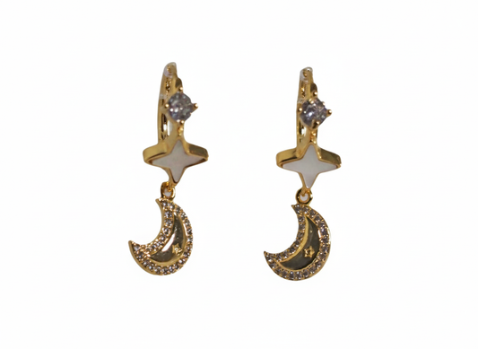 18k Gold Plated Star Noon and Zircon Huggie Earrings