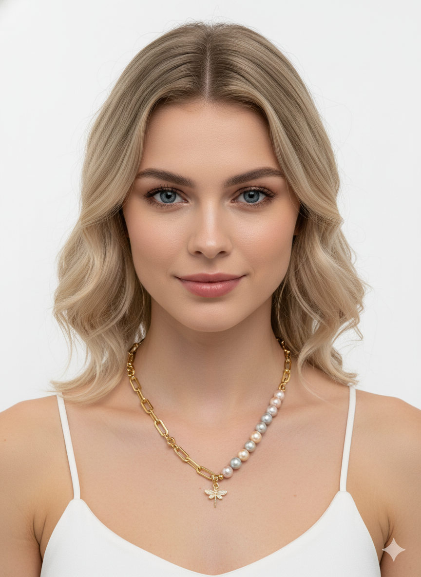 Half Chain Necklace with Grey Freshwater Pearls & Sun Pendant – 18K Gold Plated