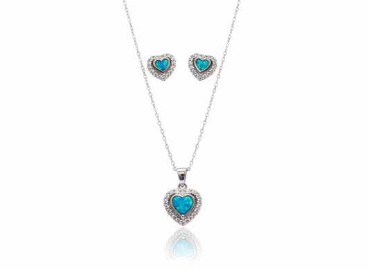 Blue Heart Necklace & Earrings Set with Zircons – Sterling Silver 925