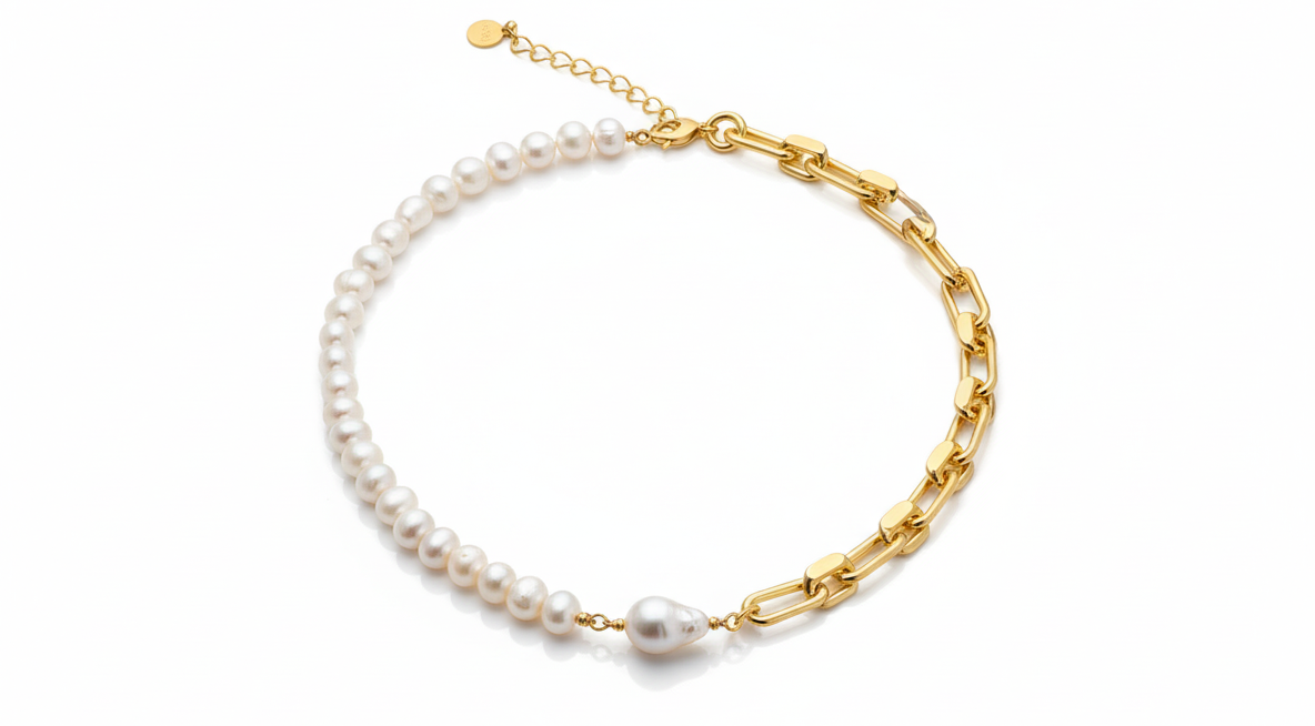 Half Chain Necklace with Water Fresh Pearl Gold Plated 18k