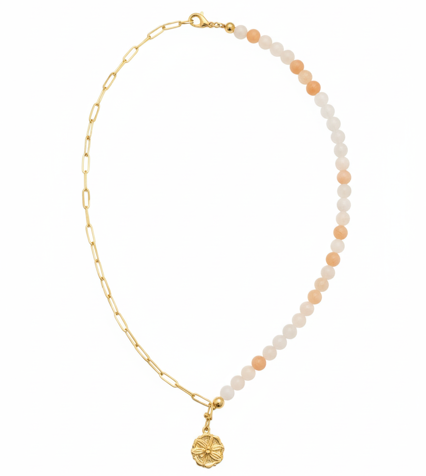 Pink Agate & Chain Necklace with Dragonfly Pendant – 18K Gold Plated