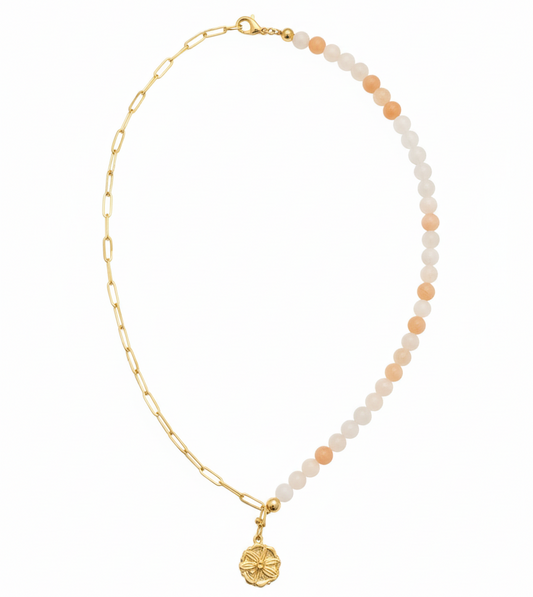 Pink Agate & Chain Necklace with Dragonfly Pendant – 18K Gold Plated