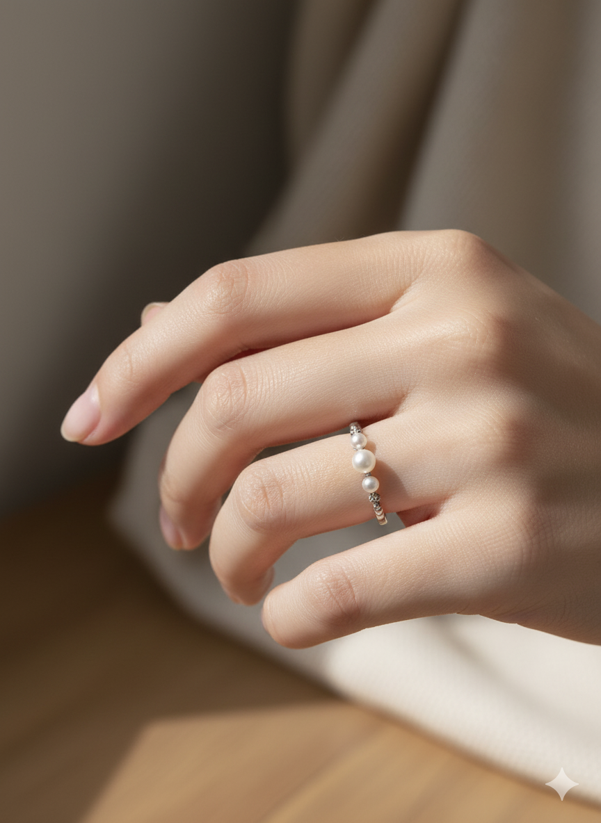 Beautiful Ring with triple pearls & Zirconia - Sterling Silver 925