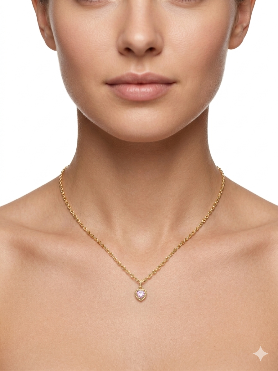 Pink Heart  Pendant Necklace – 18K Gold Plated