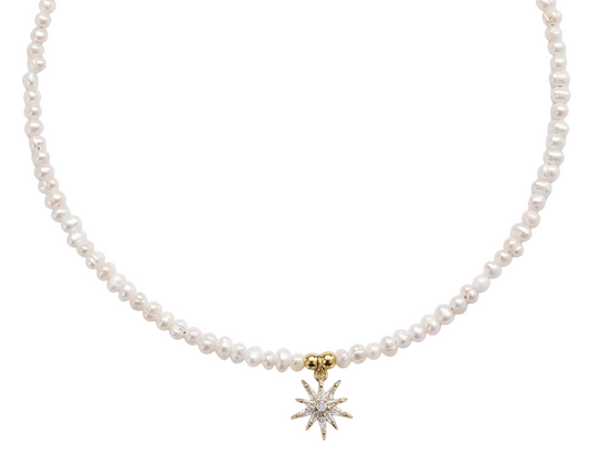 Freshwater Pearl and Star Pendant Necklace – 18K Gold Plated
