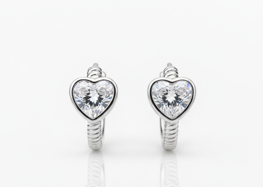 Heart Zirconia Huggie Earrings – Silver Plated