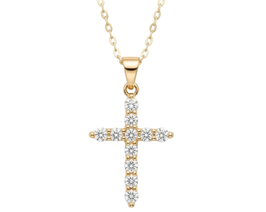 White Zirconia Cross Pendant Necklace – 18K Gold Plated