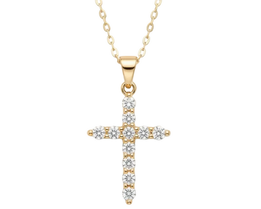 White Zirconia Cross Pendant Necklace – 18K Gold Plated