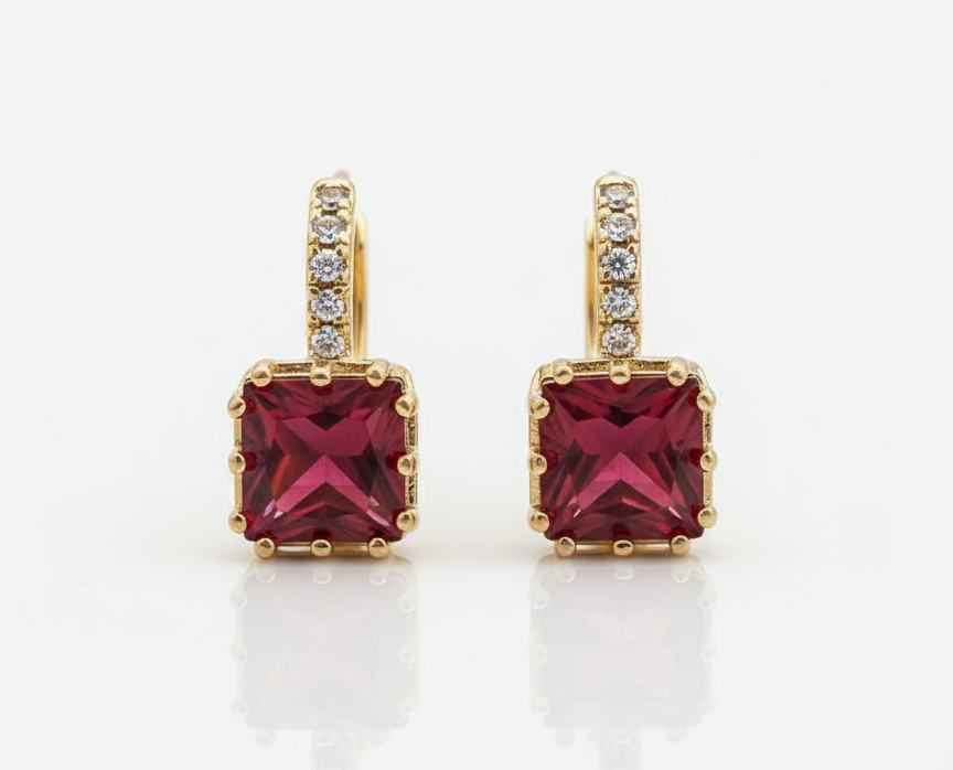 Elegant Magenta Square Zirconia Huggie Earrings – 18K Gold Plated