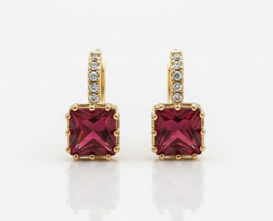 Elegant Magenta Square Zirconia Huggie Earrings – 18K Gold Plated