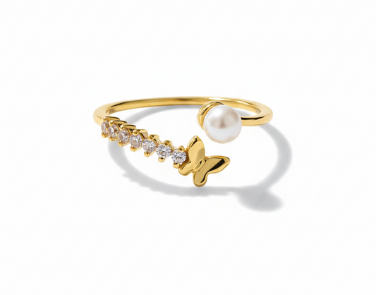Butterfly and Zirconia Ring – Adjustable 18K Gold Plated