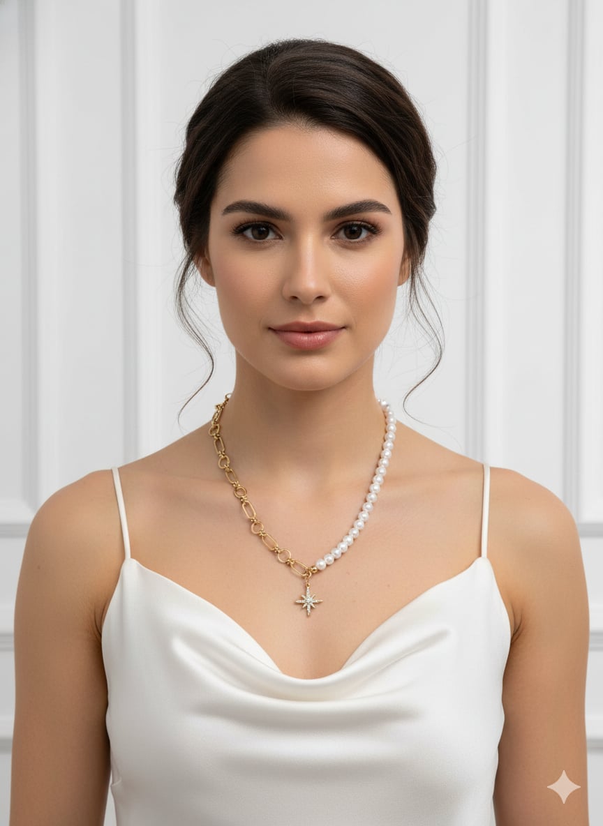 Half Chain Necklace with White Freshwater Pearl & Star Pendant – 18K Gold Plated