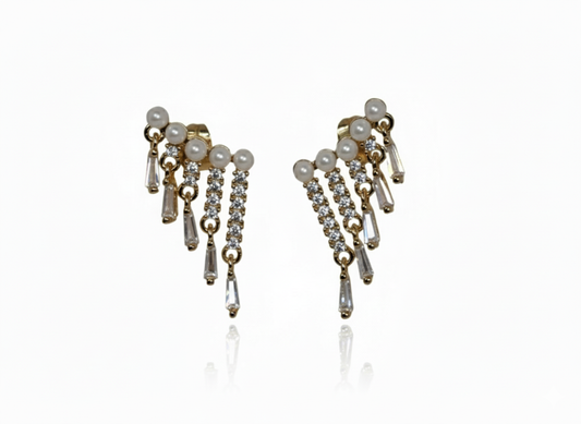 Elegant Earrings with Pearl & Zirconia Lines-18K Gold Plated