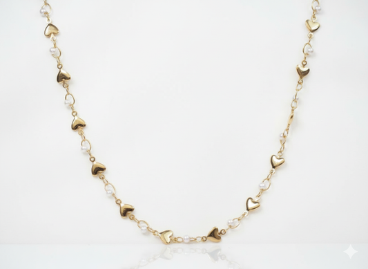 Gold Hearts & Pearls Necklace – 18k Gold Plated Chain with Pearls