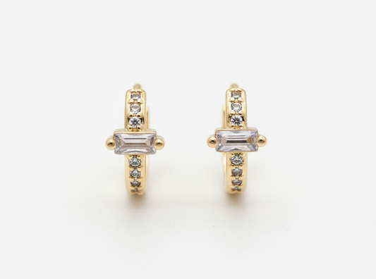 Mini Rectangle White Zircon Huggie Earrings – 18K Gold Plated, 0.6cm Tiny Hoop