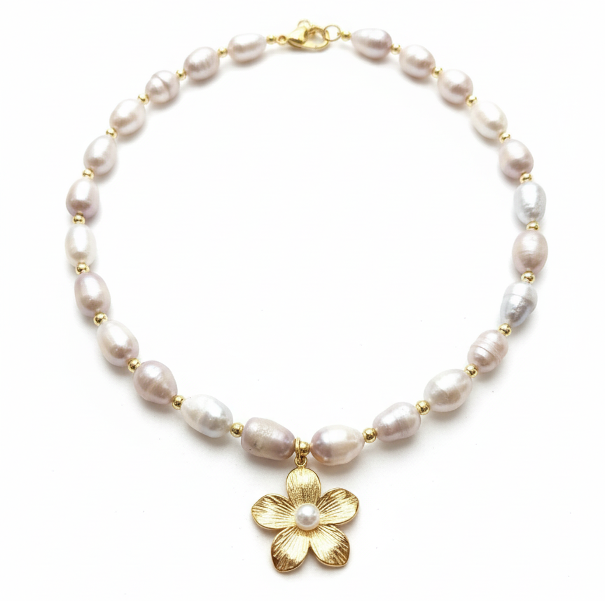 Freshwater Pearl Necklace – Purple Pearl with Stone Pendant-18K Gold-Plated