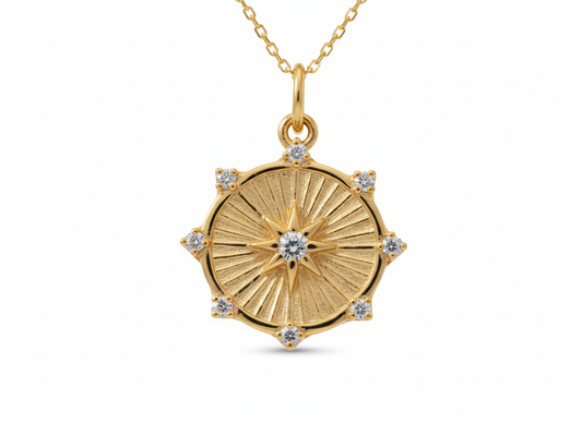 Necklace Coin Star Pendant with Zircons - Gold Plated 18K