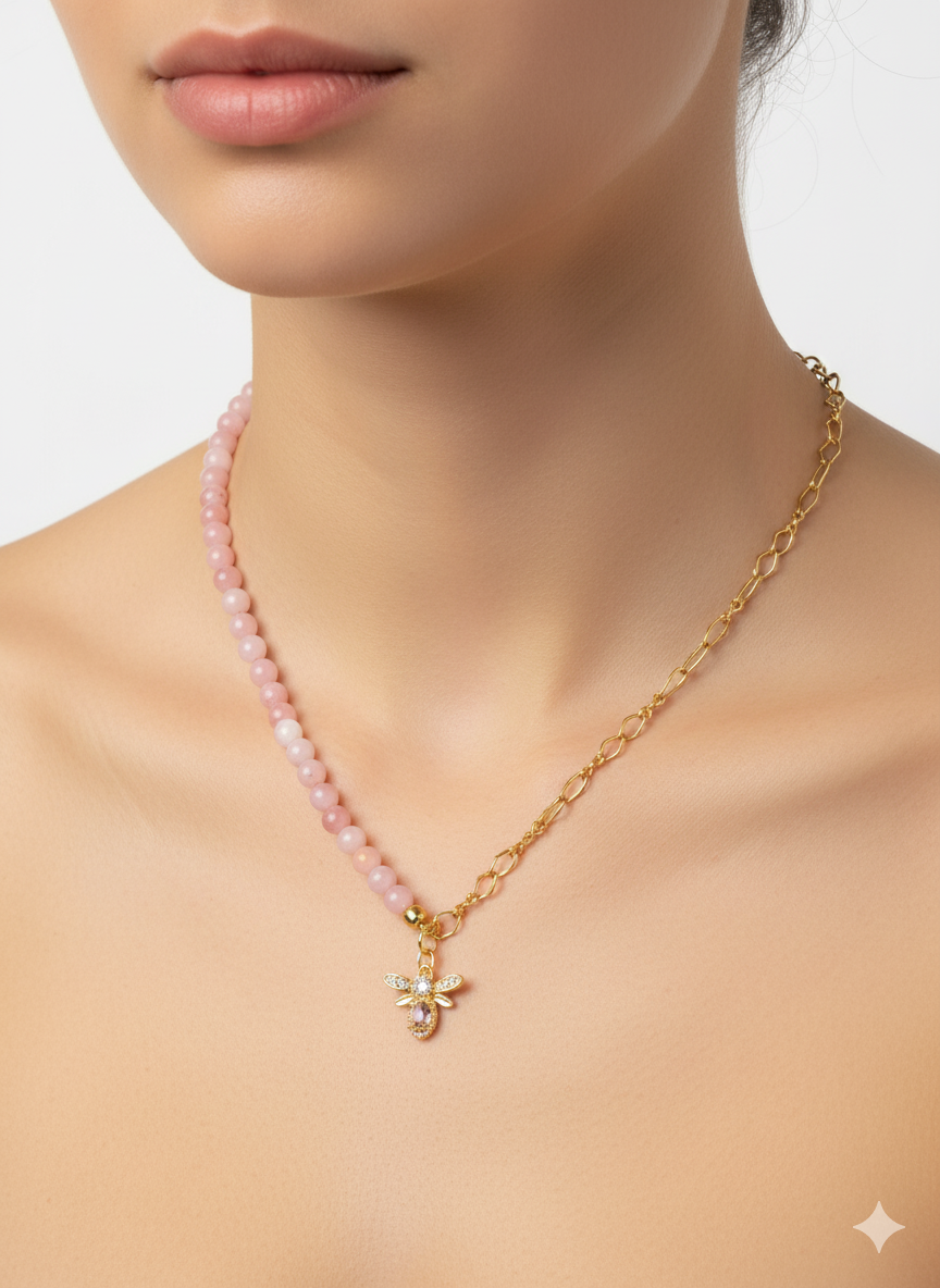 Half Pink Agate & Half Gold Chain Necklace with Pink Bee Pendant