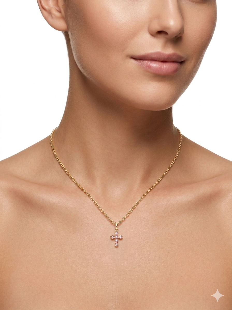 Pink Zirconia Cross Necklace- Gold plated 18k