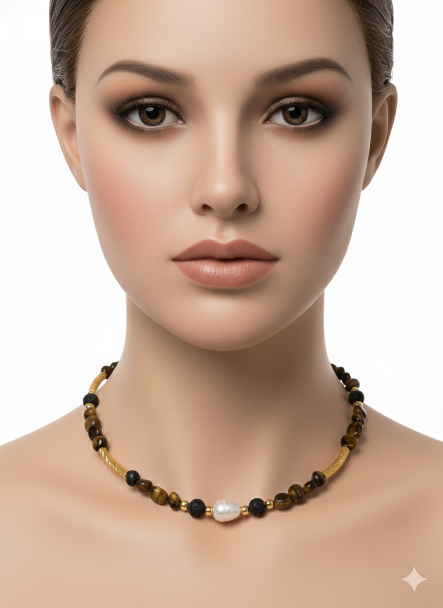 Tiger Eye & Freshwater Pearl Necklace – Adjustable 16.5