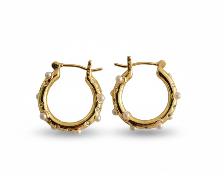 18k Gold Plated Hoop Earrings with Mini Pearls