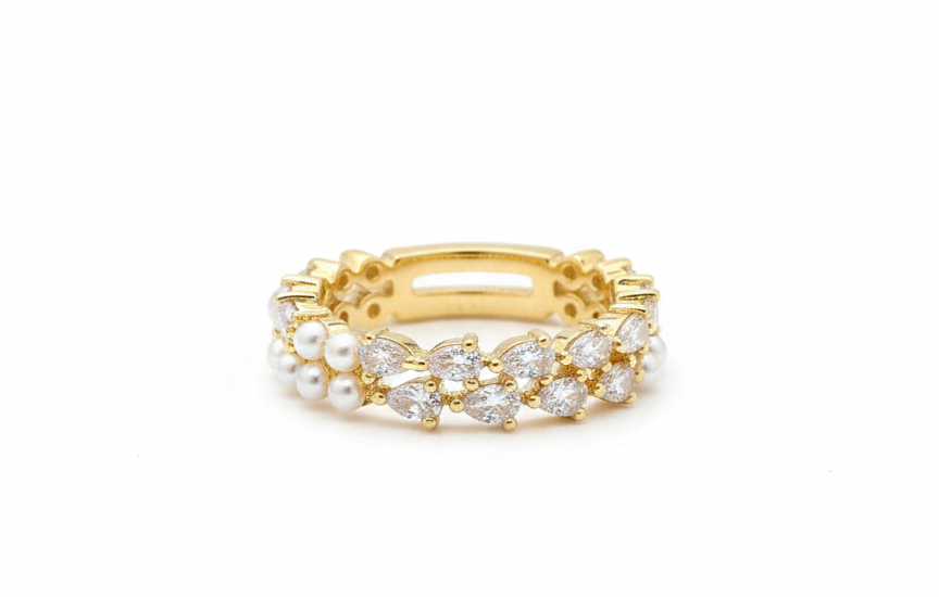 Dainty Mini Pearl & Zirconia Ring – 18K Gold-Plated Adjustable