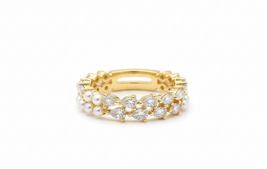 Dainty Mini Pearl & Zirconia Ring – 18K Gold-Plated Adjustable