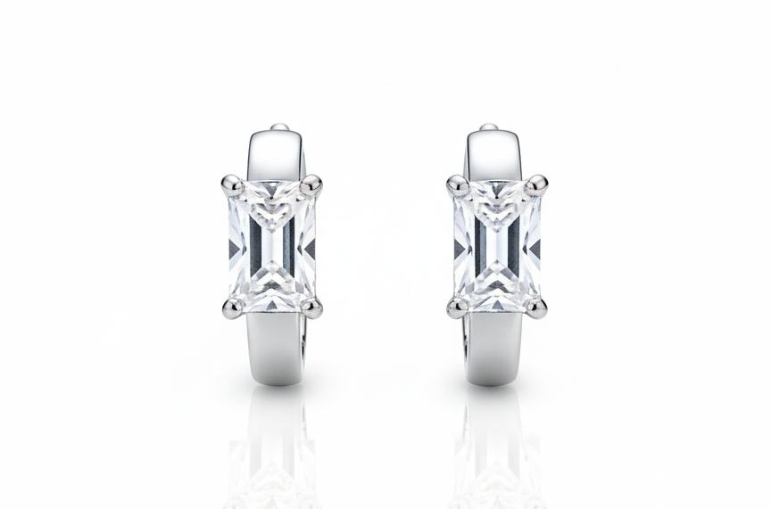 White Zircon Huggie Earrings – Silver Plated