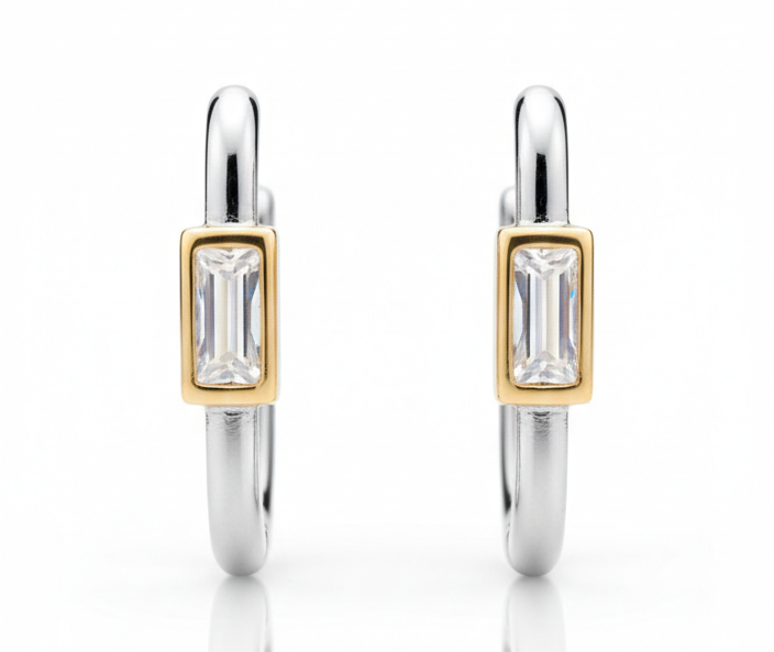 wo-Tone Silver Huggie Earrings with Zirconia – Silver Plated