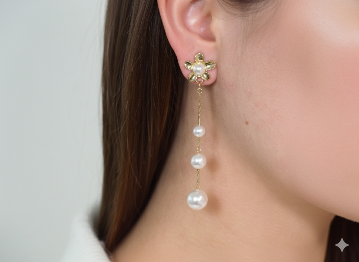 8k Gold Plated Drop Earrings with Flowers & Natural Pearls