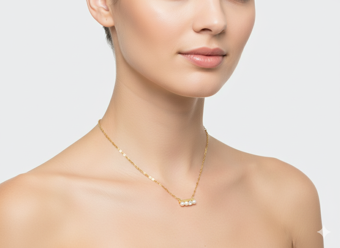 Pearl and Zircon Stick Necklace – 18k Gold Plated