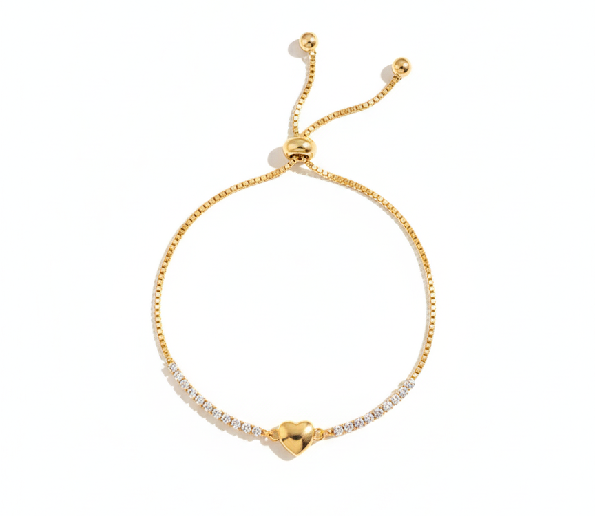 Adjustable Bracelet with Heart and Zirconias -gold plated 18k