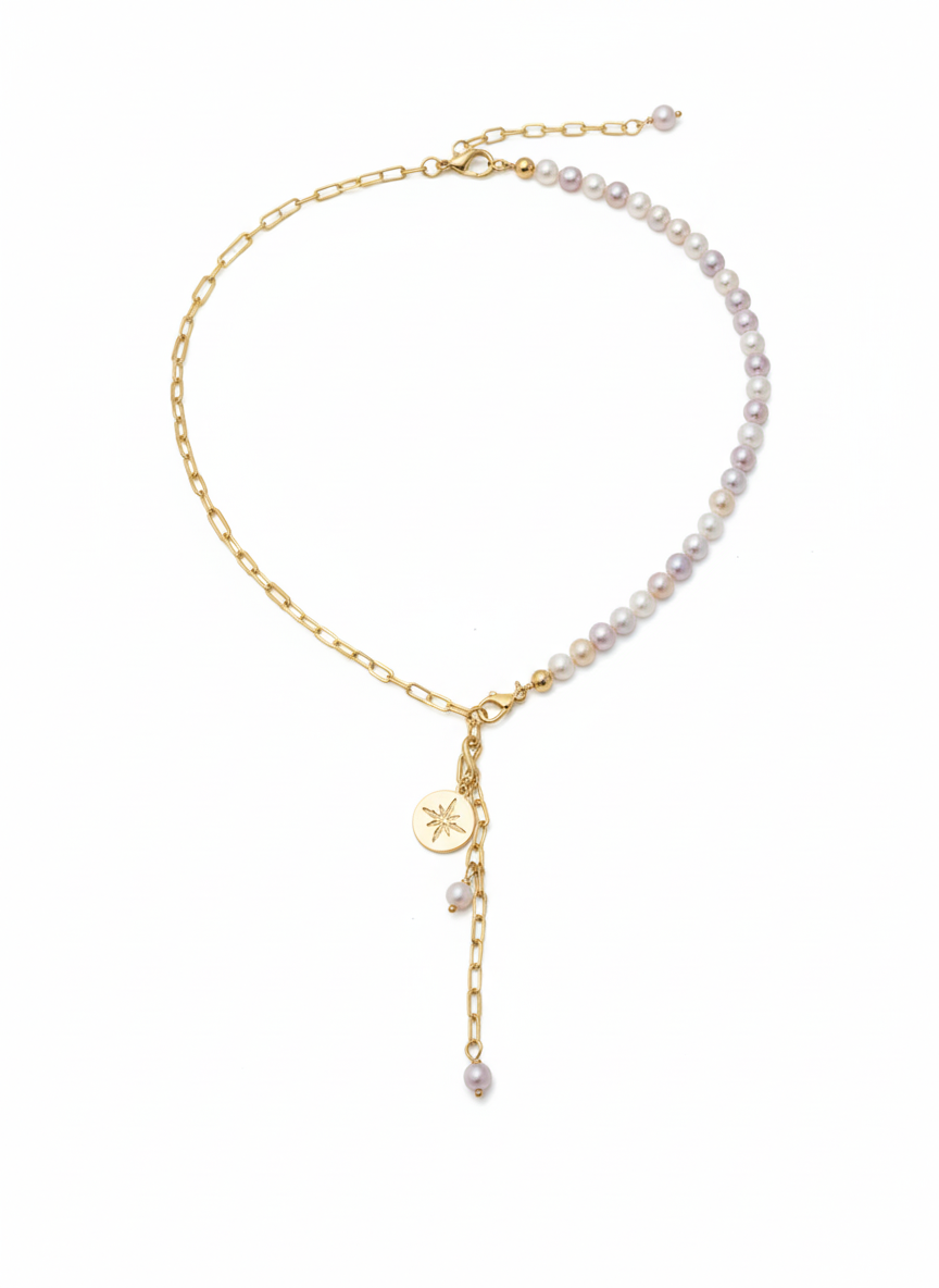 Rose Water Fresh Pearls & Half chain Necklace – 18K Gold-Plated