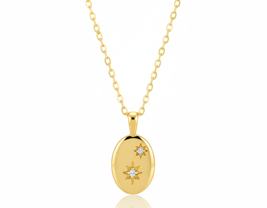 Oval Double Star Zirconia Necklace – 18K Gold Plated