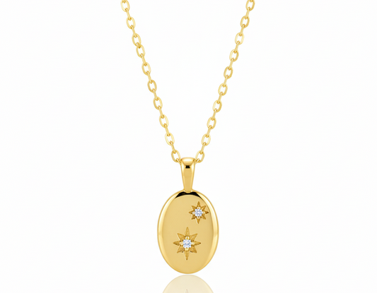 Oval Double Star Zirconia Necklace – 18K Gold Plated