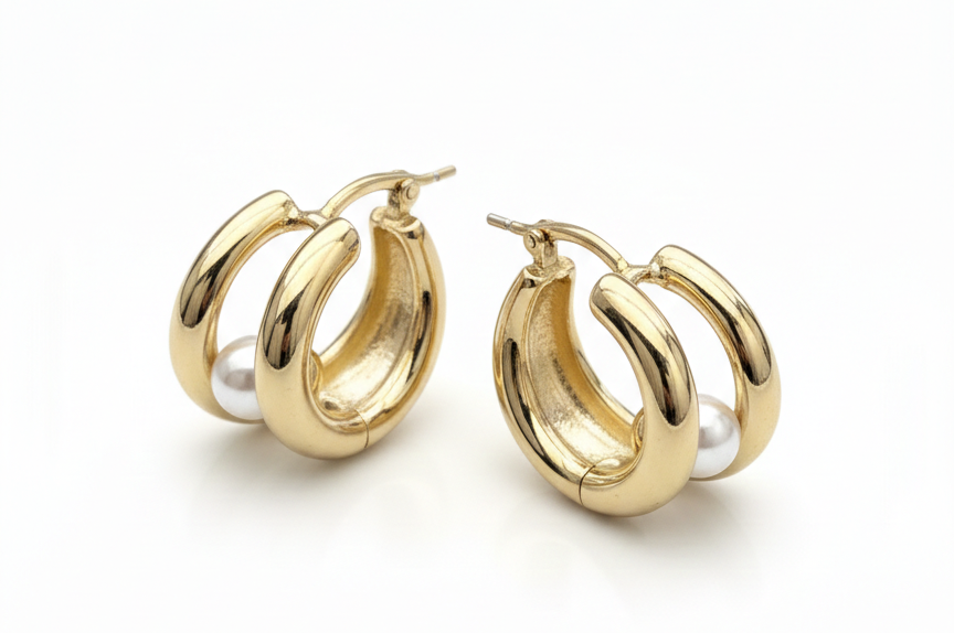 Huggies two lines with one Pearl-Gold Plated 18k
