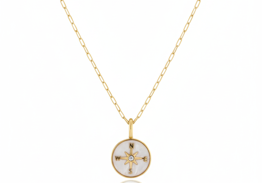 Circle White Compass Necklace – 18K Gold Plated