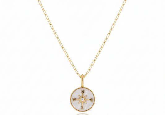 Circle White Compass Necklace – 18K Gold Plated