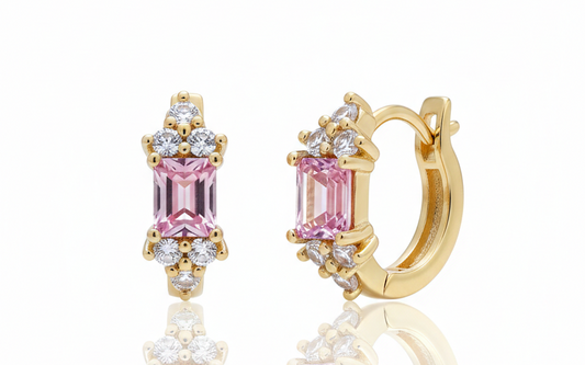 Elegant Pink & White Zircon Huggie Earrings – 18K Gold Plated