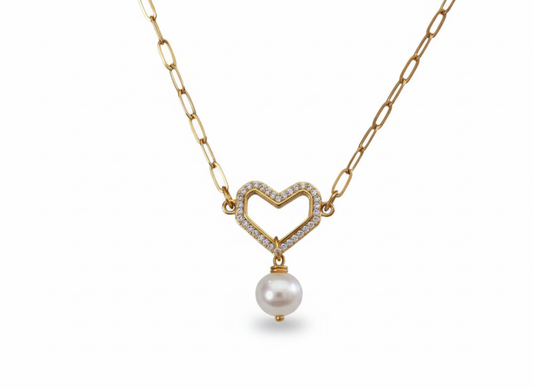 Heart Necklace with Zircons & Freshwater Pearl 18k Gold Plated