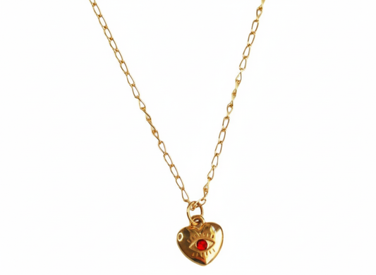 Mini Heart Evil Eye Necklace – Red Zircon, 18K Gold Plated