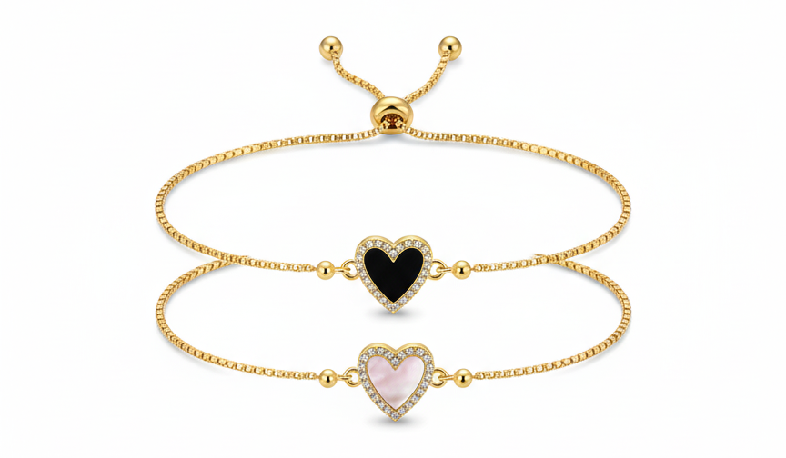 Adjustable Heart Shell Bracelet with Zirconias- Gold plated 18k