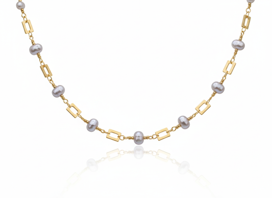 18K Gold-Plated Pearls & Squares Necklace